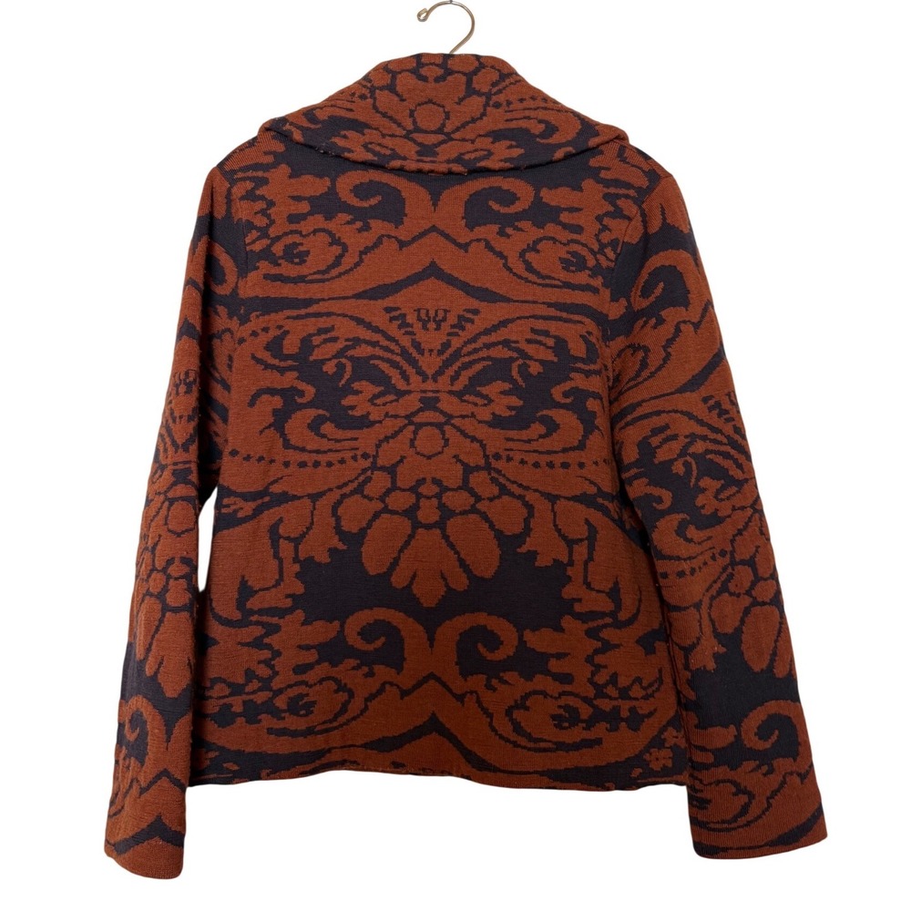 Jones New York Collection 100% Merino Wool Damask Cardigan Sweater Rust Brown M - Picture 2 of 9